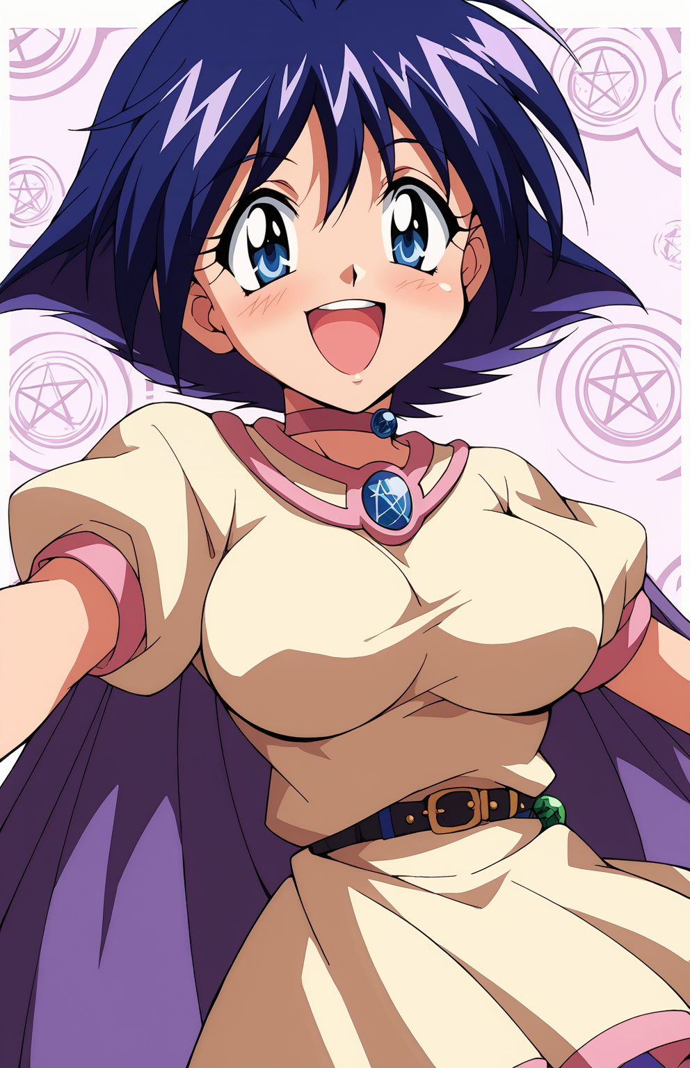 score_9,score_8_up,score_7_up,score_6_up BREAK source_anime,rating_explicit,masterpiece,best quality,detailed background,<lora:Amelia_Wil_Tesla_Saillune_Slayers_culty:0.7>,amelia,1girl,short hair,blue eyes,purple hair,retro artstyle,1990s (style),pentacle,choker,short sleeves,cape,skirt,upper body,from above,face focus,close-up,happy,open mouth,big breasts,dutch angle,