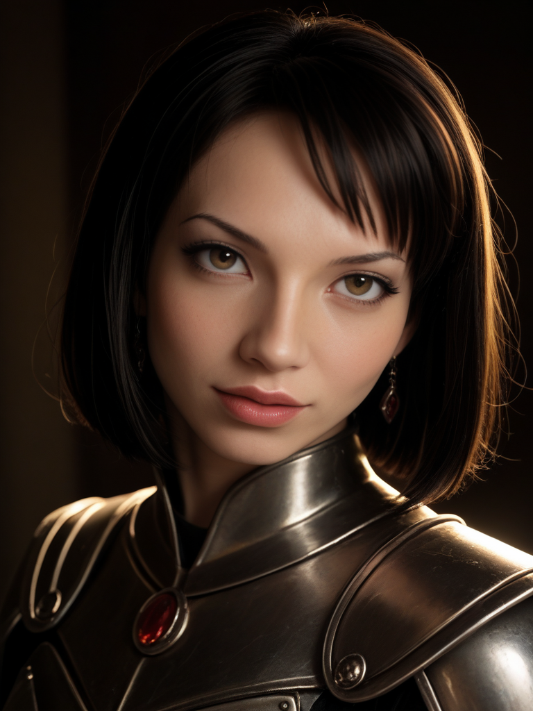 score_9, score_8_up, score_7_up, SabrinaK4mo3i, Sabrina Kamoei, <lora:SabrinaK4mo3i-pony:1>,  cinematic, ultra detailed, portrait, 1girl, makeup, lips, short hair, ((bobbed hair)), bangs, dark hair, big lips, wearing scifi armor, 1960s, solo, looking at viewer, bokeh, focus, film, velvia, artistic, best quality, photograph, focus, face focused, magic hour, photography, warm light, sunset, movie still,