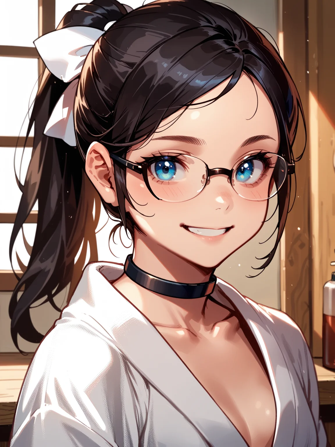 (upper body, solo focus:1.1) <lora:happy_tentacle-halloweengirl-v0.1-000045:1>, ht_halloweengirl, (flat chest:0.8), black hair, blue eyes, ponytail, hair bow, glasses (petite:1.2), ( ( choker :1.1) :1.1) ( , , ( :1.2) , smile , (looking at viewer:0.6) :1) , indoors, ((dawn :0.6), :0.8), ( :0.9), (furniture:0.9), , , , , ( :0.9), bathroom, (bathrobe:1.2) ((from behind :1.1) :0.8) score_9, score_8_up, score_7_up, score_6_up, score_5_up, score_4_up, ( [(realistic, photorealistic:1.3):(realistic:1.2):16] [(3d:1.2)::14] :1) <lora:LUUNA's Lunas-NijiJourney-SDXL-B2:0.35>, nijijourney <lora:prgfrg23's Counterfeit-V3.0 Style SDXL_LoRA_Pony Diffusion V6 XL:0.5> <lora:mfcg's mfcgXL:0.12> <lora:reweik's gyokai(himehajime)_PonyXL_style_v01:0.14>