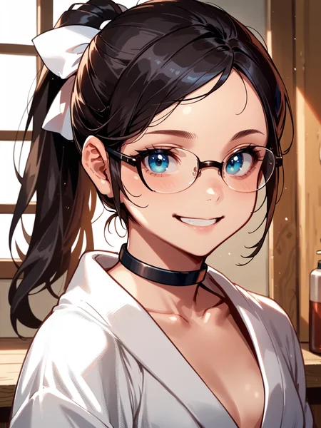 (upper body, solo focus:1.1) <lora:happy_tentacle-halloweengirl-v0.1-000045:1>, ht_halloweengirl, (flat chest:0.8), black hair, blue eyes, ponytail, hair bow, glasses (petite:1.2), ( ( choker :1.1) :1.1) ( , , ( :1.2) , smile , (looking at viewer:0.6) :1) , indoors, ((dawn :0.6), :0.8), ( :0.9), (furniture:0.9), , , , , ( :0.9), bathroom, (bathrobe:1.2) ((from behind :1.1) :0.8) score_9, score_8_up, score_7_up, score_6_up, score_5_up, score_4_up, ( [(realistic, photorealistic:1.3):(realistic:1.2):16] [(3d:1.2)::14] :1) <lora:LUUNA's Lunas-NijiJourney-SDXL-B2:0.35>, nijijourney <lora:prgfrg23's Counterfeit-V3.0 Style SDXL_LoRA_Pony Diffusion V6 XL:0.5> <lora:mfcg's mfcgXL:0.12> <lora:reweik's gyokai(himehajime)_PonyXL_style_v01:0.14>