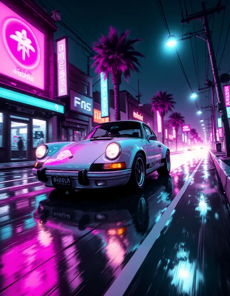 Minimalist style in the style of ck-rw, pure synthwave esthetic, retro 80's sport car Porsche 911 travelling at speed on cyberpunk superhighway, shiny white, motion blur, (light trails:1.6), (in a curb:1.8), neon lights and signs, bokeh <lora:ck-Neon-Retrowave:0.9> ck-rw, palm tree, reflection, sunset, silhouette, night, dutch angle, from below, wide camera angle actions scene, foreshortening, <lora:MJanime_Flux_LoRa:0.25> anime style <lora:Wraith_BW_Flux:0.85> B&W . Simple, clean, uncluttered, modern, sleek, elegant