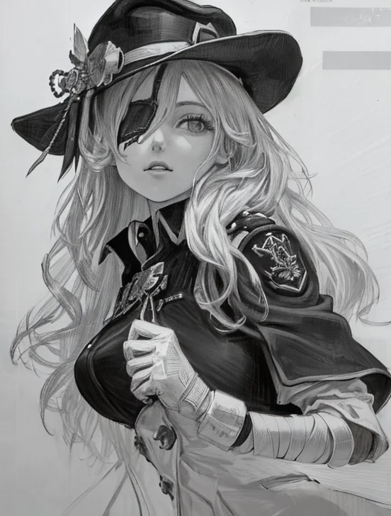 {{illustration}},{{{masterpiece}}},{{best quality}}, hignity 8k wallpaper,simple background,{{intricate detail}},{highres},Pencil drawing,(portrait:1.2),(sketch:1.2),painting,monochrome,greyscale,(Line art:1.1),,white paper,character on paper,black and white,clear lines, looking at viewer,traditional media,, official art, masterpiece, best quality, ultra-detailed, illustration, disheveled hair , game_cg, wallpaper, cover, colorful, best quality, highres,high detail, original, extremely detailed wallpaper,an extremely delicate and beautiful, perfect face, 1girl, cloud_sky , standing, , {{{smoke}}, flying in the sky, sad, bandage over one eye, light particles, sunset, cape, military uniform, military hat, lace, ribbon, stockings, dynamic composition, motion, incredibly detailed, battlefield 1, beautiful, detailed eyes,solo, amazing, finely detail, (stars),ray trace, Depth of field, detailed_finger, white gloves,(clear face:1.2)