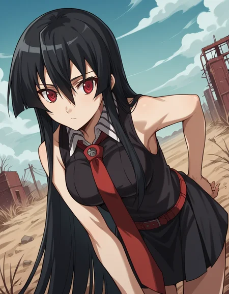 score_9, score_8_up, score_7_up, source_anime,
agkakame, <lora:agk-akame-s1-ponyxl-lora-nochekaiser:1>,
akame, long hair, black hair, red eyes, hair between eyes,
skirt, dress, necktie, sleeveless, belt, shirt, black shirt, collared shirt, red necktie, black skirt,
outdoors, wasteland, bent over,
cowboy shot, solo, dutch angle, looking at viewer,