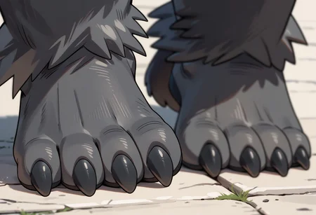 Score_7_up, score_8_up, score_9, pangoro, black and white fur, fur cape, lower body, dark feet, barefoot, 3 toes, toeclaws, standing, foot focus, close-up