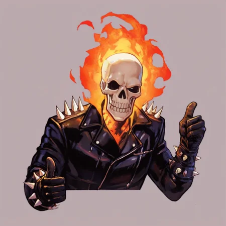 Zpdxl3, Score_7_up, score_8_up, upper body,
BREAK,
1boy, GhostRider, skull head, on fire, leather jacket, spikes, gloves, half open eyes, (thumbs up), simple background,