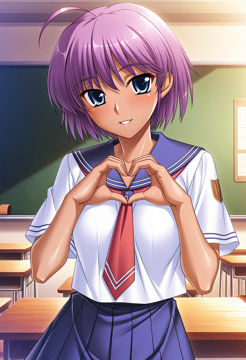 masterpiece, best quality, amazing quality, very aesthetic, absurdres, official art, ultra detailed, 
1girl, solo, uraga_m@na, short hair, ahoge, blue eyes, purple hair, dark-skinned female, medium breasts BREAK school uniform, serafuku, blue skirt, blue sailor collar, blush, smile, parted lips, looking at viewer, standing, pinup, heart hands, in classroom, upper body, sharp focus, depth of field, highly detailed <lora:uraga mana v1.0-000017:1>