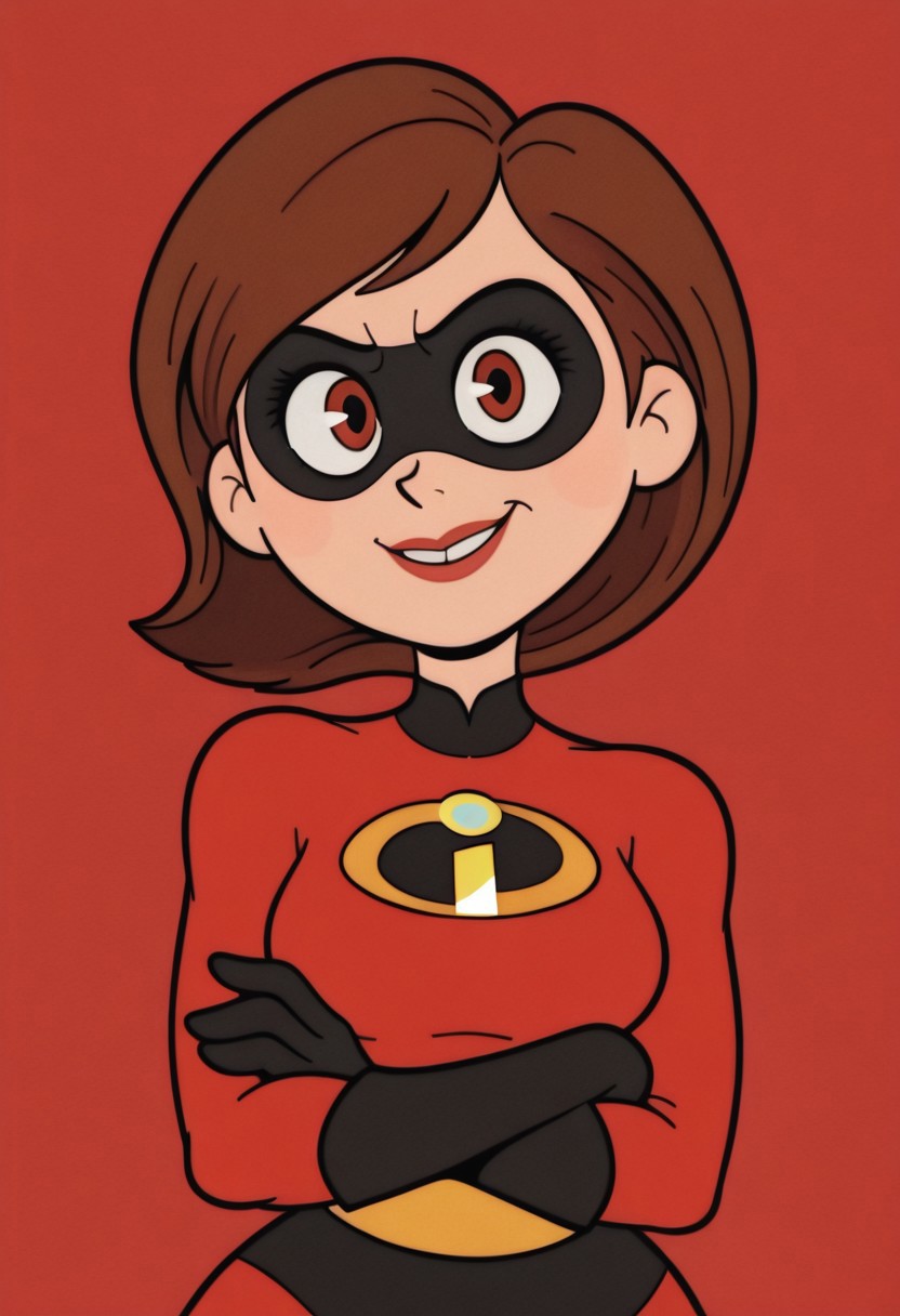 RetroXL, toon \(style\), flat color, 1girl, helen parr, superhero costume, looking at viewer, crossed arms, smile, upper body, (masterpiece,best quality,newest,absurdres,highres)  <lora:HelenParr_NAI:1>