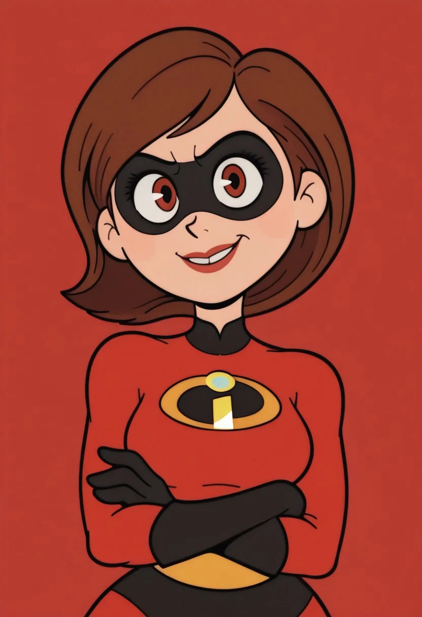 RetroXL, toon \(style\), flat color, 1girl, helen parr, superhero costume, looking at viewer, crossed arms, smile, upper body, (masterpiece,best quality,newest,absurdres,highres)  <lora:HelenParr_NAI:1>