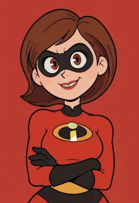 RetroXL, toon \(style\), flat color, 1girl, helen parr, superhero costume, looking at viewer, crossed arms, smile, upper body, (masterpiece,best quality,newest,absurdres,highres) <lora:HelenParr_NAI:1>