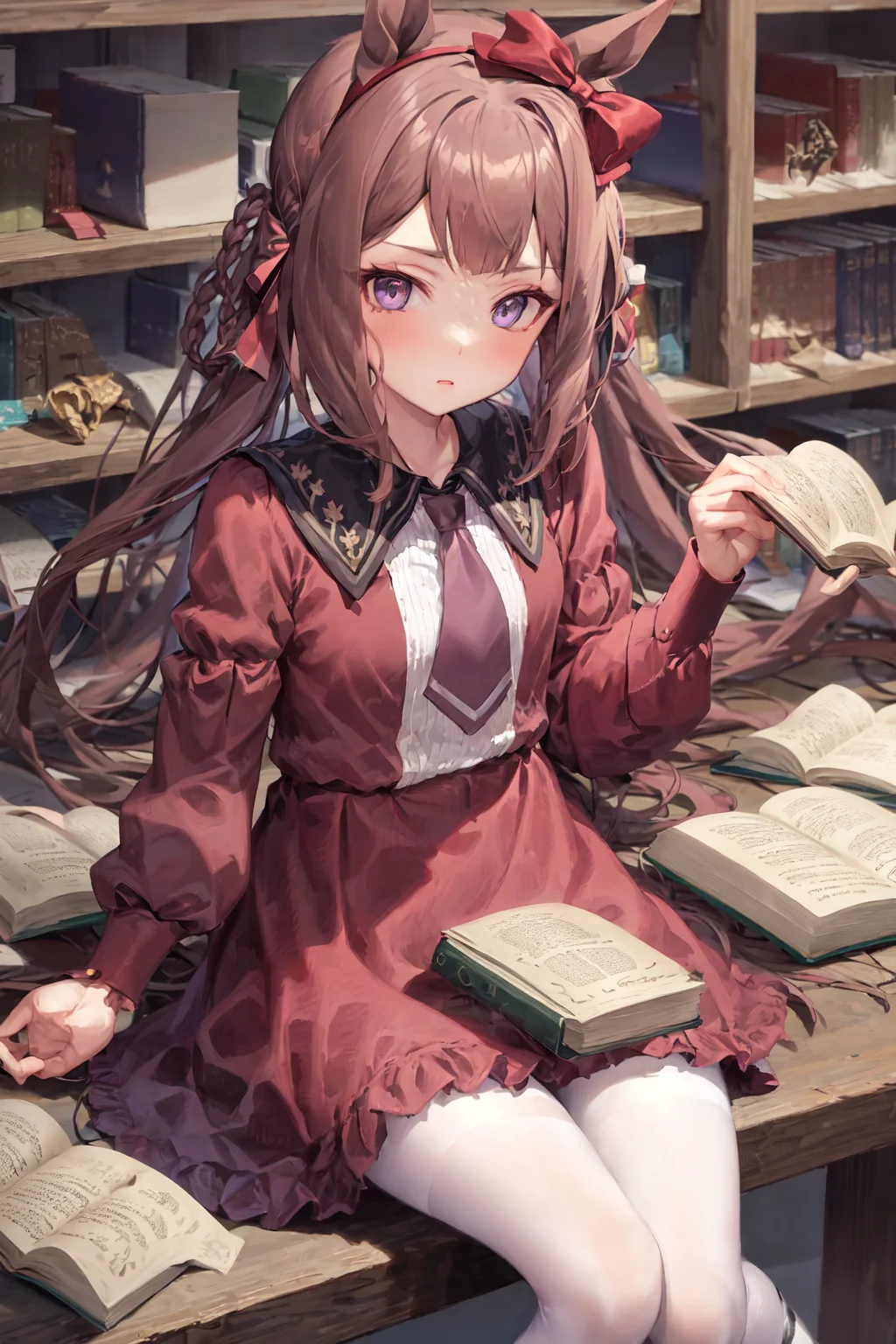 masterpiece, best quality,
sweep tosho \(umamusume\),
sitting, on chair, looking books,
casual, hair bow, headband, collarbone, puffy long sleeves, juliet sleeves, purple necktie, short necktie, collared dress, red dress, white pantyhose, black footwear, mary janes,
<lora:sweep_tosho_locon_1.0:0.8>