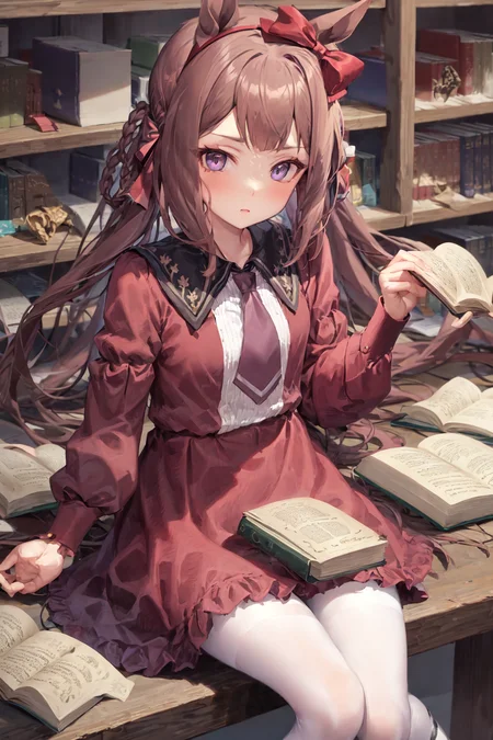 masterpiece, best quality,
sweep tosho \(umamusume\),
sitting, on chair, looking books,
casual, hair bow, headband, collarbone, puffy long sleeves, juliet sleeves, purple necktie, short necktie, collared dress, red dress, white pantyhose, black footwear, mary janes,
<lora:sweep_tosho_locon_1.0:0.8>