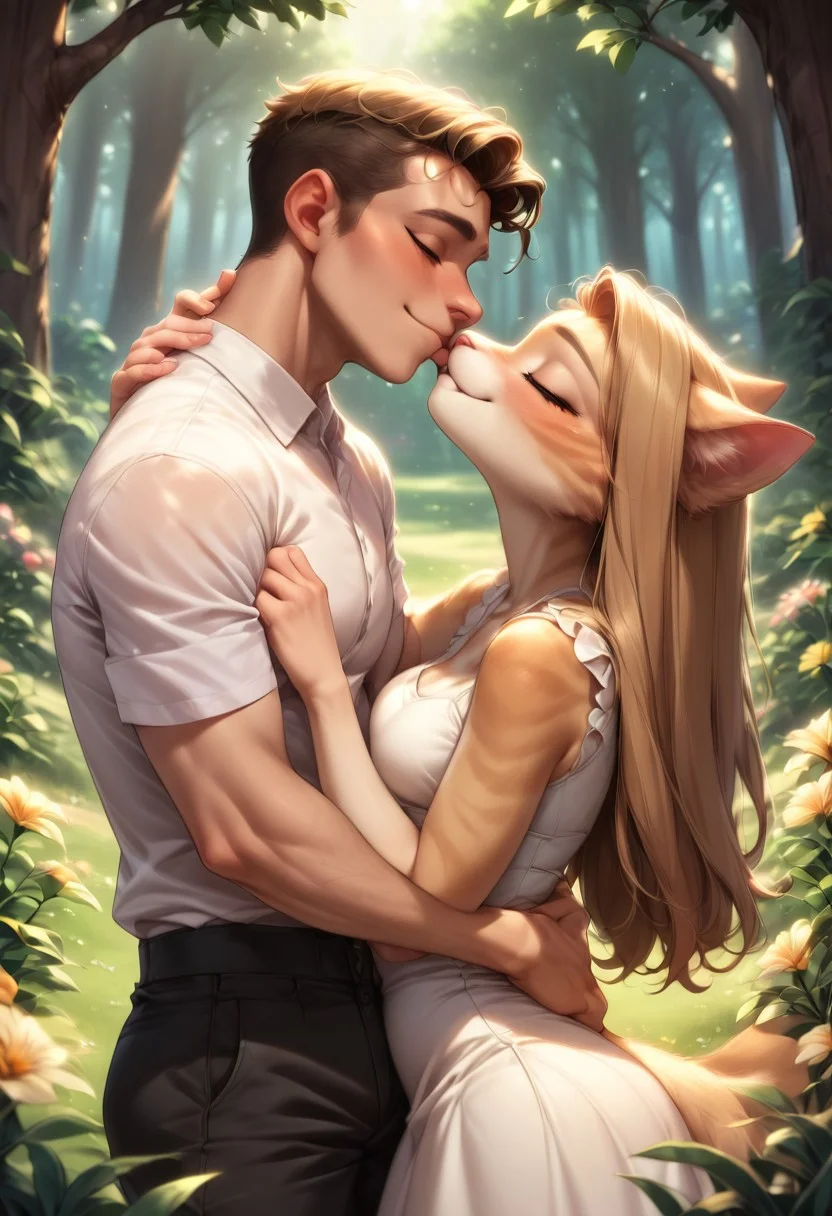score_9, score_8_up, score_7_up, e621, sexy anthro cat kissing human male, (anthro cat has a pretty face, cute, horny, summer dress, smiling, long hair, medium breasts, clothed female, white short summer dress, short summer dress), male human, (human male, shy, black pants, white shirt), kissing, standing, forest, sun, grass, flowers, perfect eyes, furry girl, furry, anthro, side view, identical height, beautiful face, 1girl, 1boy