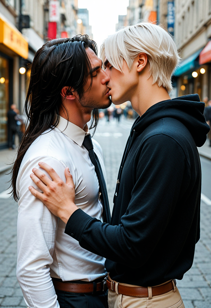 Photorealistic picture, depth of field, black hoodie, white shirt, button up, necktie, detailed  background, city street, hair over eyes, kiss, 2boys, yaoi, male focus, bishounen, beautiful boy, long hair, white hair, belt, white hair, black hair, from side, dynamic angle
