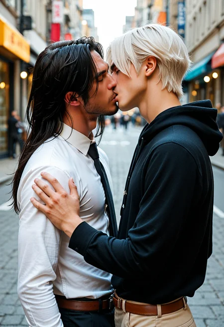 Photorealistic picture, depth of field, black hoodie, white shirt, button up, necktie, detailed  background, city street, hair over eyes, kiss, 2boys, yaoi, male focus, bishounen, beautiful boy, long hair, white hair, belt, white hair, black hair, from side, dynamic angle