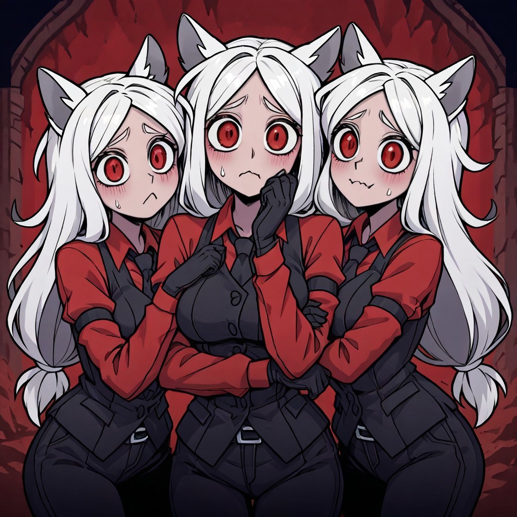 masterpiece, best quality, newest, absurdres, highres, P/PEV1.0, pleading eyes, 1girl, cerberus (helltaker), white hair, animal ears,

