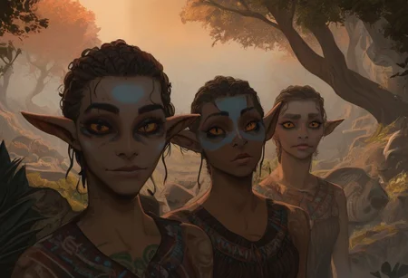 safe_pos, group, feminine, bosmer woman, fit body, bone masks, carved masks, painted masks, random face, colorful skin, pale black skin, strong jawline, angular facial features, asymmetrical features, wide nose, fur mantle, rough leather clothes, female, archer's physique, joking demeanor, slightly pointed ears, pinned back ears, long face, very short ears, curved ears, scalloped ears, short ears, firbolg nose, uncanny features, snake nose, reptilian nose, realistic, long face, bosmer, alien, elongated head, flat nasal ridge, elongated skull, bony nose, slit nostrils, aquiline features, medium body hair, dunmer, creature, bony dermal ridges, rough complexion, body tattoos, native american tattoos, medium breasts, natural breasts, shapely figure, chiseled features, athletic build, weathered skin, large nose, animated realism, zoomed out, Inuit features, sage colored skin, pale skin, copper and jade clothes, dark orange sclera, saurian pupils, horizontal pupils, cuttlefish eyes, narrow eyes, dark red pupils, very slanted eyes, squinted eyes, double lidded eyes, eye membrane, slanted brows, bony brows, highly detailed, defined features, looking at viewer, from side, full body, zoomed out, dynamic lighting, 29 years old, light and shadows, jovial expression, expressive eyes, smiling, laughing, Native American pattern leather clothes, medium hair, elegant hairstyle, tribal hair, wavy hair, thick hair, braided hair, wild cut hair, semirealistic, alien elf, mongolian features, slavic features, aztec features, vibrant hair, colorful hair, sharp features, high detail, absurdres, intense eyes, detailed eyes, dark orange eyes, paleolithic clothes, Crowded village, dense redwood forest, intricate fur tents, bone furniture, masterpiece, Vilontrebramb, tree, outdoors, scenery, tree houses, elegant architecture