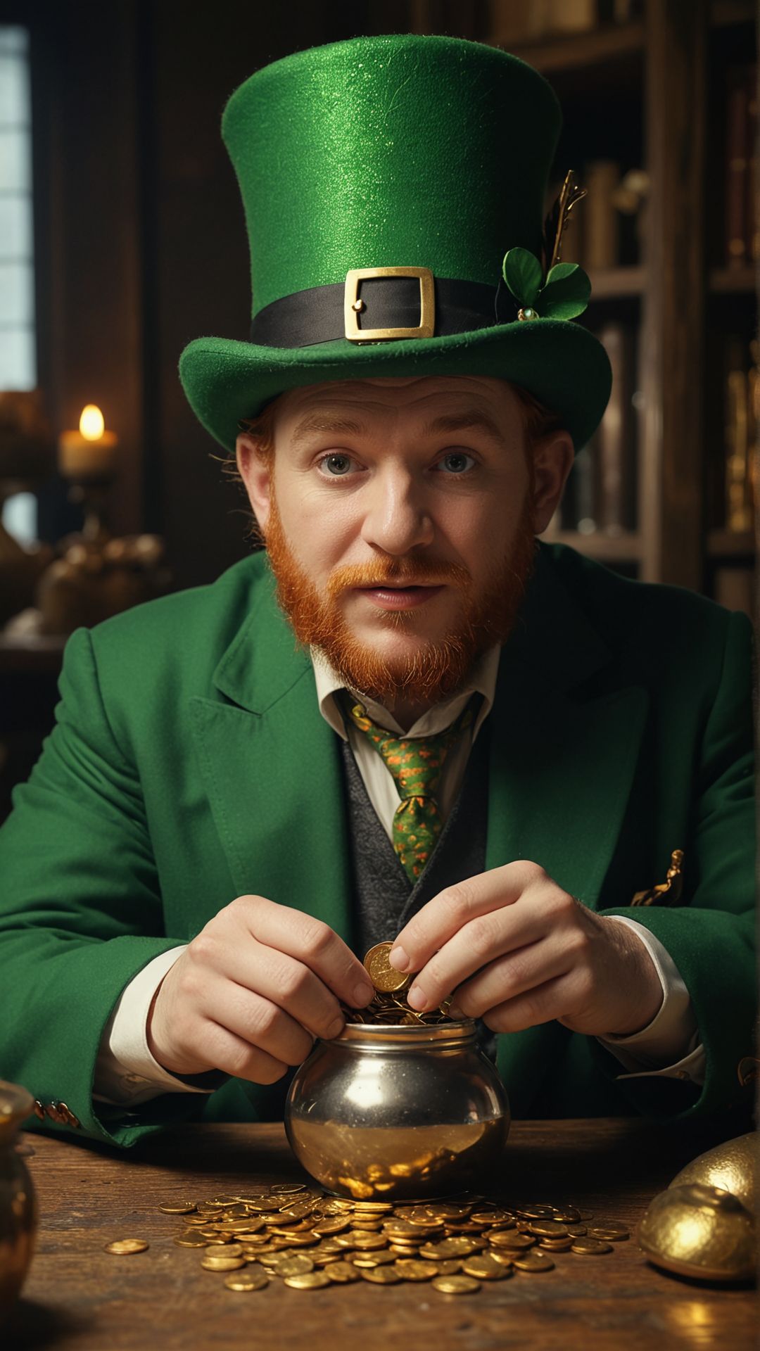 A mischievous leprechaun opens a fortune-telling business, offering cryptic predictions and pots of gold to unsuspecting customers. 
professional photo, cinematic, studio light,
many details, extreme detailed, full of details,
Wide range of colors. Insane quality. Insane resolution. Insane details. Masterpiece. 32k resolution.
 <lora:add-detail-xl:1> <lora:WildcardX-XL-Detail-Enhancer:0.85>