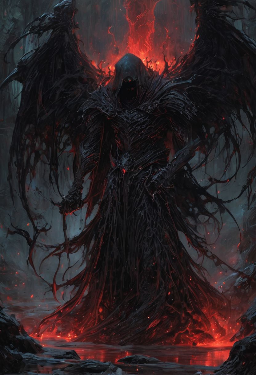 Dark Fantasy page, a reaper who seems to meld with the shadows, cloaked in armor made of bone and darkness, levitates over a pool of crystalline water with red hue. the figure exudes an air of mystery and forbearance, wielding a massive scythe with a dark, crimson aura. the image, whether painted or digitally rendered, captures the anomaly and maleficence of the character with vivid detail, high contrast, deep shadows <lora:EpicF4nta5yXL:0.8>