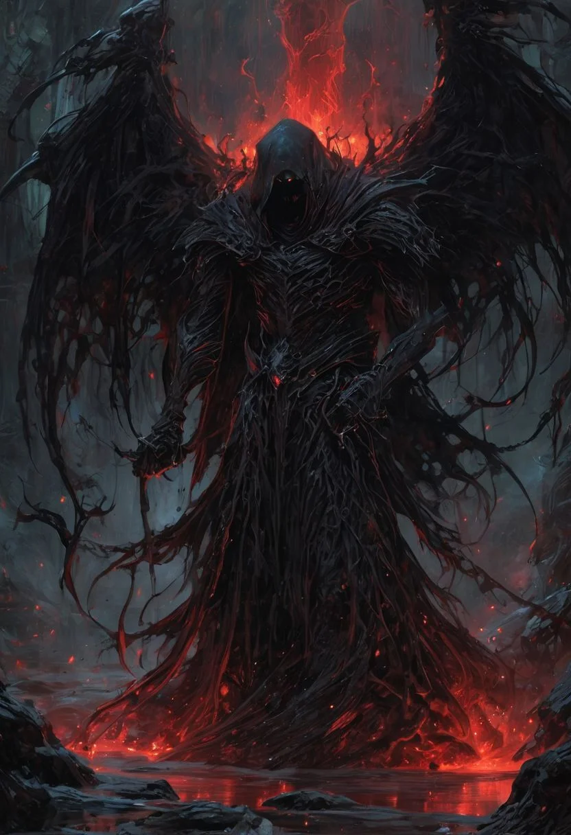 Dark Fantasy page, a reaper who seems to meld with the shadows, cloaked in armor made of bone and darkness, levitates over a pool of crystalline water with red hue. the figure exudes an air of mystery and forbearance, wielding a massive scythe with a dark, crimson aura. the image, whether painted or digitally rendered, captures the anomaly and maleficence of the character with vivid detail, high contrast, deep shadows <lora:EpicF4nta5yXL:0.8>