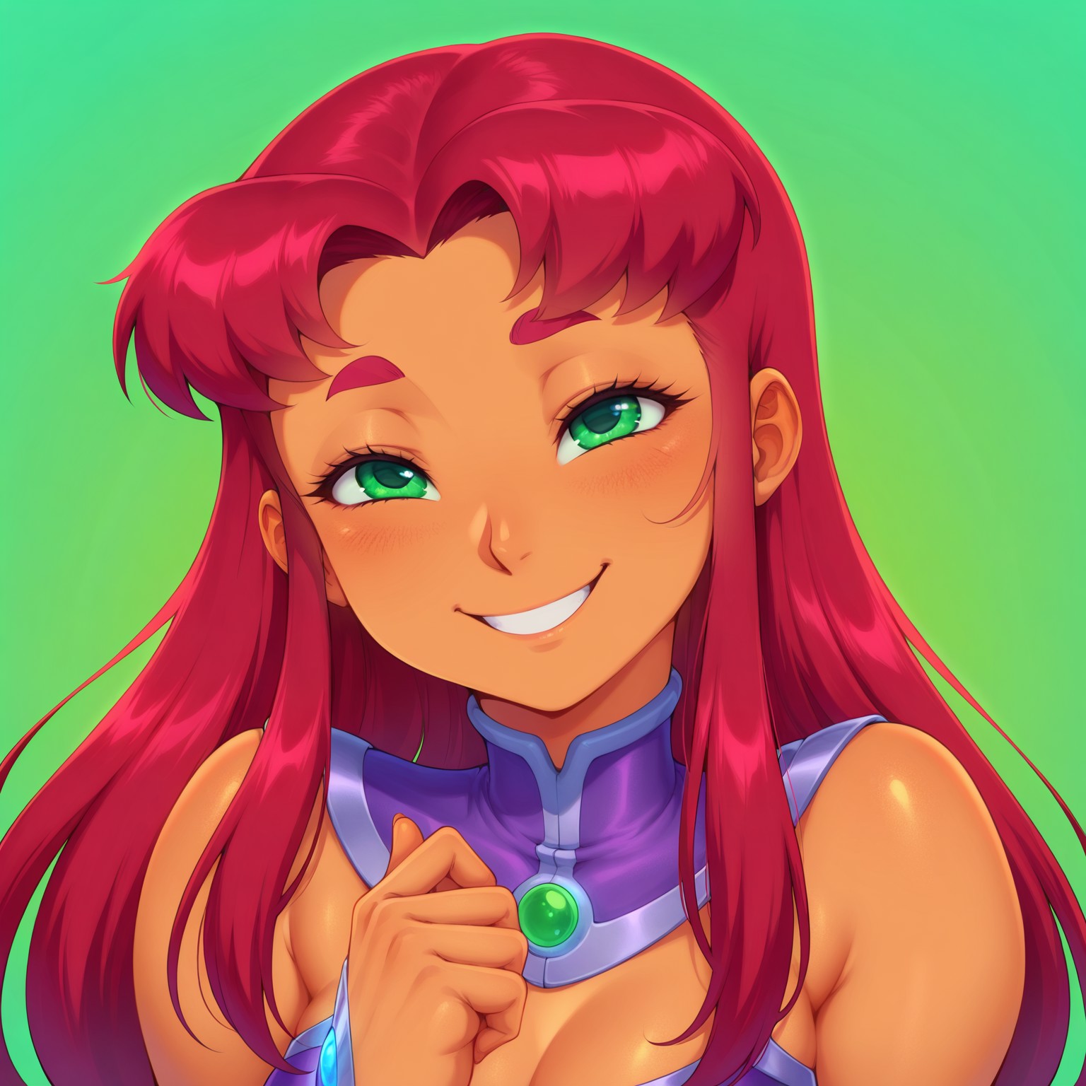 masterpiece, best quality, good anatomy, detailed face, detailed eyes, 5 fingers, solo, 1girl, starfire, simple background, character concept, clothed, upper body portrait, sfw, smile, happy, green background,
