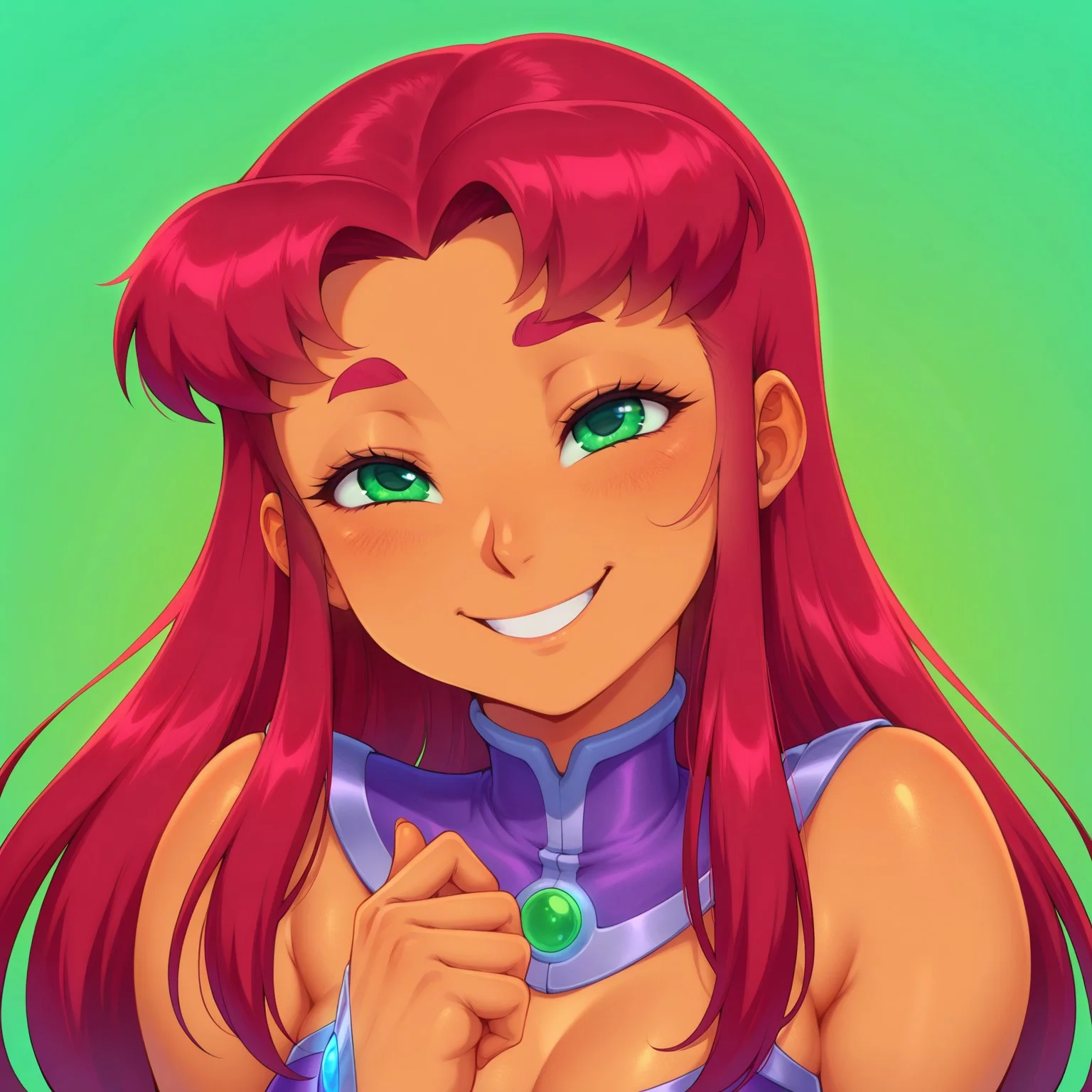 masterpiece, best quality, good anatomy, detailed face, detailed eyes, 5 fingers, solo, 1girl, starfire, simple background, character concept, clothed, upper body portrait, sfw, smile, happy, green background,