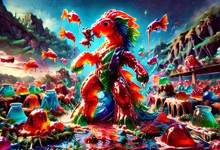 high quality, (Domination of the blue color:2), Jellystyle, stone bridge<lora:bad_prompt_version2-neg:1> <lora:By bad artist -neg:1> <lora:Jelly_Style:1> (rainbow color grading:1.5). (Icing milk:2). (Sugar coating :1). berry made of jelly. River of milk. ais-chocsauce Mountains. Crystallized Sugar Rain. The floor is covered with honey.
(Fish) Made of gum with glowing precious stones is shown into the jello realm.
Fighting dragons, made of Latex, multicolor, chocolate splashes.
CastleBreizh XL Mk8 on the left.
Asymetric composition, dynamic pose, field of depth, grass in the foreground. Close-up view from below.
