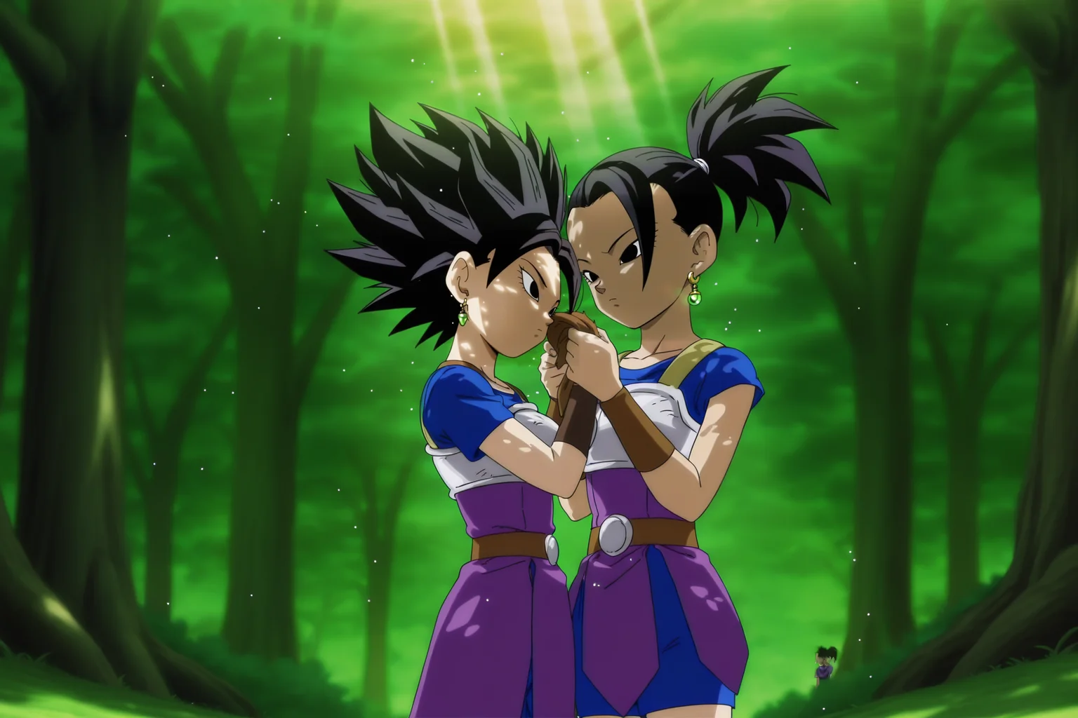 2girls, standing, holding ears, cowboy shot,
anime screencap, masterpiece, best quality, amazing quality, very aesthetic, absurdres,  newest, (scenery, volumetric lighting), dappled sunlight, light particles, light rays, official style,
kale, ponytail, black hair, black eyes, blue shirt, blue shorts, short sleeves, purple tunic, brown belt, brown armwear, bracer, saiyan armor, potara earrings,
caulifla, black hair, black eyes, spiked hair, blue shirt, blue shorts, short sleeves, purple tunic, brown belt, brown armwear, bracer, saiyan armor, potara earrings,
<lora:Universe_6_Saiyans_IL:0.8>