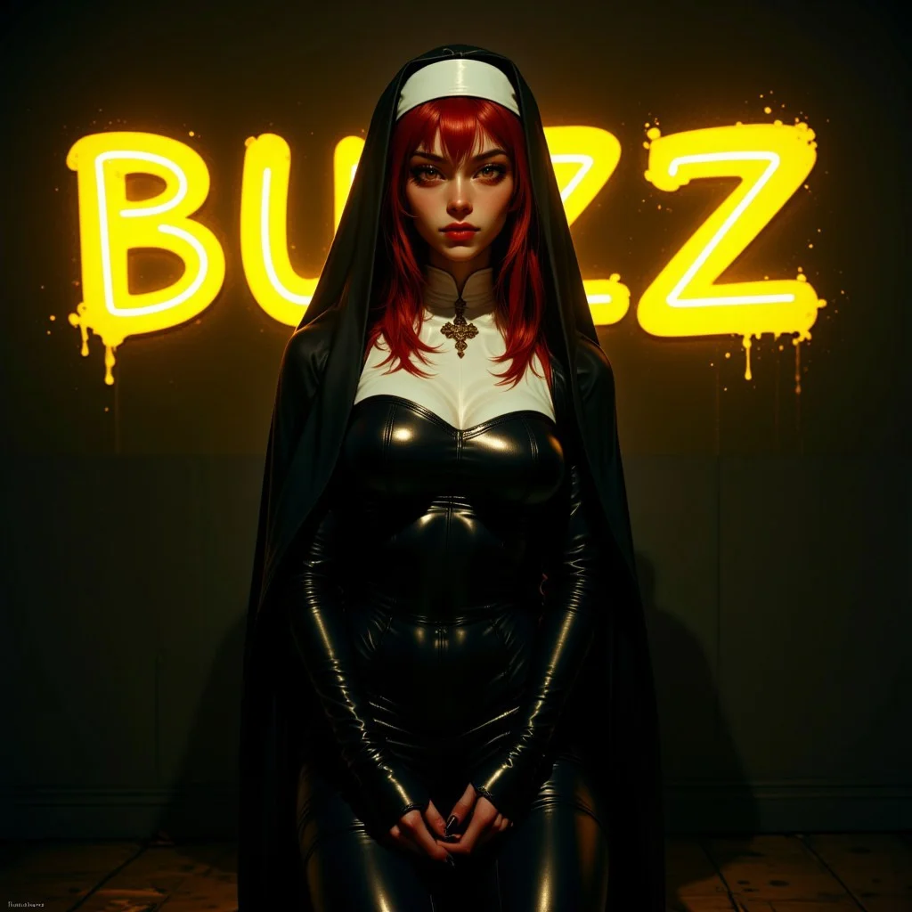 A young red-haired nun, clad in a tight black leather outfit and traditional habit, kneels in shadow, illuminated by a vivid yellow neon sign reading "BUZZ," casting an eerie glow. Hyper detailed, contrast heavy, G0thicL1nes, aidmatextimprover.