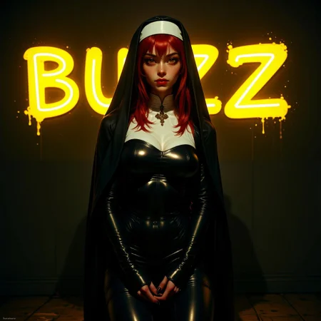 A young red-haired nun, clad in a tight black leather outfit and traditional habit, kneels in shadow, illuminated by a vivid yellow neon sign reading "BUZZ," casting an eerie glow. Hyper detailed, contrast heavy, G0thicL1nes, aidmatextimprover.