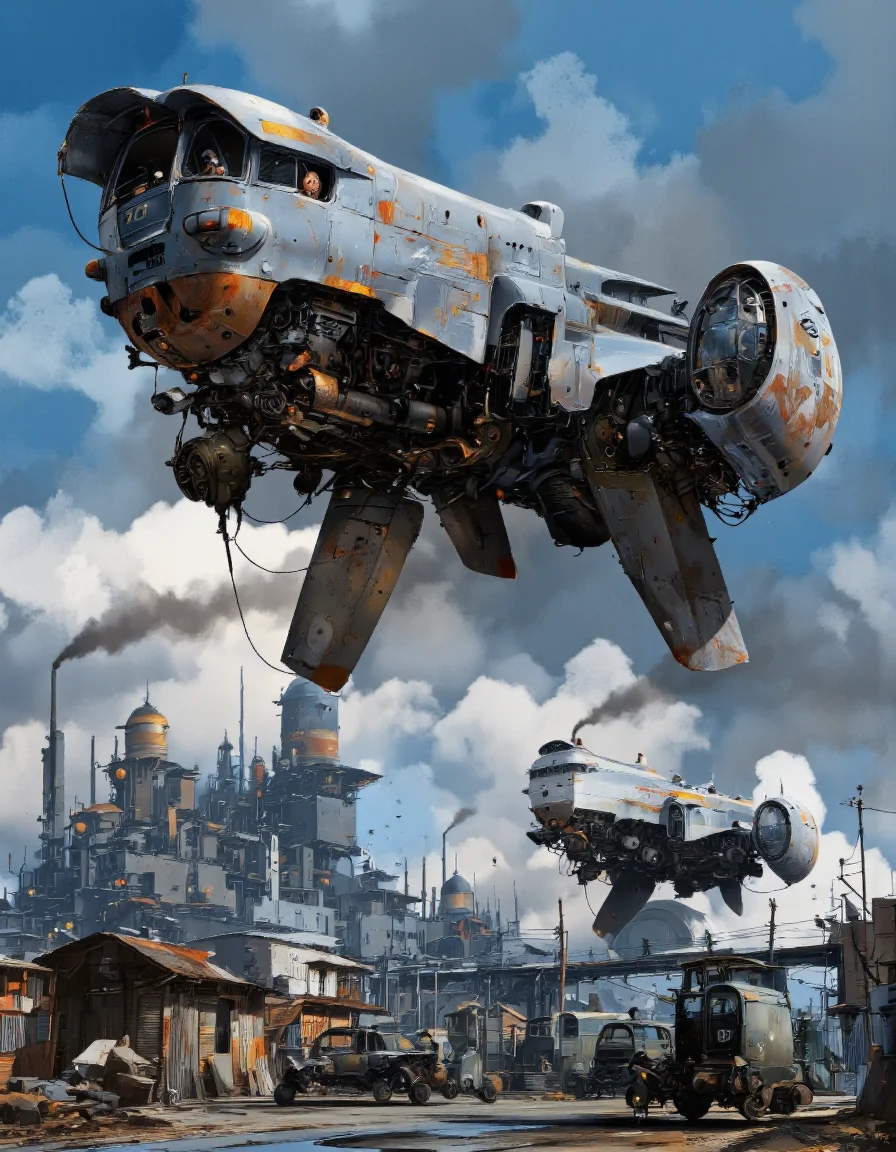 Art by Alejandro Burdisio and Ian McQue.
A digital illustration shoot from below about a futuristic spaceship flying over a futuristic cityscape with a sci-fi theme. the image also shows a futuristic flying car with a sleek, streamlined design and a large, angular cockpit, featuring a number 25 on the side and a star emblem on the front. the flying car is in the center of the image, with a clear blue sky and fluffy white clouds in the background. on the left side, a man is sitting in the cockpit, wearing a white helmet, looking out over the cityscape. in the foreground, a group of small, futuristic vehicles with wings can be seen, and on the right side, another vehicle is visible. the scene is set in a post-apocalyptic wasteland, with industrial structures and smokestacks in the distance, giving a sense of a bustling industrial environment. the overall atmosphere is reminiscent of a futuristic futuristic city with a focus on science fiction and technology.