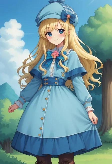 score_9, score_8_up, score_7_up, source_anime, highly detailed,
cordeliaglauca, 1girl, solo, blonde hair, long hair, hat, boots, dress, blue eyes,
smile, looking at viewer, blue dress, standing,
blue headwear, frills, long sleeves, closed mouth, bow,
deerstalker, bangs, blush, frilled dress, upper body
outdoor, sky, tree