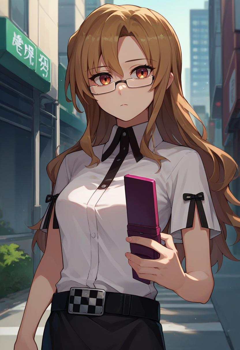 score_9, score_8_up, score_7_up, source_anime, solo, 1girl, kiryu moeka, expressionless, looking at viewer, holding phone, glasses, white shirt, collared shirt, short sleeves, black skirt, belt, outdoors, city street <lora:steinsgate_kiryu_ponyXL:1>