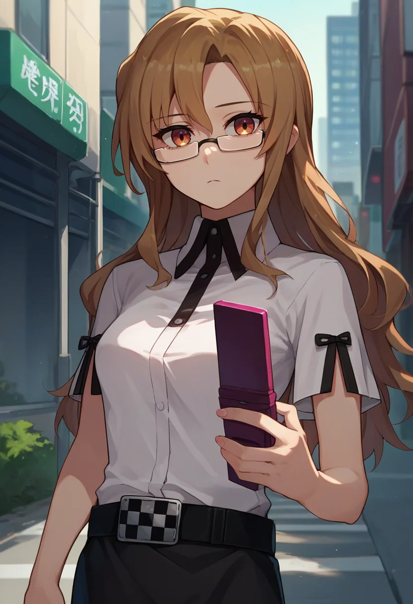 score_9, score_8_up, score_7_up, source_anime, solo, 1girl, kiryu moeka, expressionless, looking at viewer, holding phone, glasses, white shirt, collared shirt, short sleeves, black skirt, belt, outdoors, city street <lora:steinsgate_kiryu_ponyXL:1>