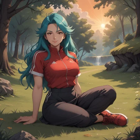 score_9, score_8, BREAK, katie(pokemon anime),woman,(long hair,turquoise hair,curtain bangs),(dark brown eyes,tsurime eyes),(red sporty shirt,short sleeved zipper shirt,white shoulder stripes),(long skirt,flat skirt,black skirt,red side stripe),(red sandals), sexy pose, self portrait, smile, outdoors, sunlight, shadows, evening lighting, natural lighting, forest, trees, grass, orange sky, sunset