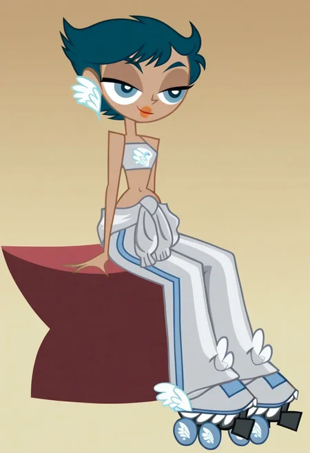 score_9, score_8_up, score_7_up, 
on model, accurate art style, cartoon screencap, show accurate, 
cowboy shot, 25 year old, mercurymwatgg, 1girl, solo, blue hair, short hair, blue eyes, orange lipstick, wing earrings, silver crop top, silver sweater tied around waist, silver pants, silver roller skates, 
skate park, sunny, 
swayed hips, sexy, seductive, full body, flirty pose, aroused face, sitting, 
big belly, bloated belly, round belly, stuffed belly, sagging belly