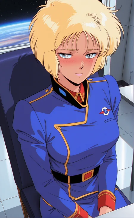 1girl,gndmzzemronc,retro artstyle,1980s (style),solo, blonde hair, short hair,eyelashes, blue eyes,medium breasts, lipstick, uniform, skirt,military uniform,blue jacket, belt, long sleeves, blue skirt,indoors,window,star \(symbol\),sky,space,looking at viewer,half-closed eyes ,from above ,closed mouth ,blush ,,sitting chair,table ,upper body ,embarrassed , best quality,masterpiece,sensitive, <lora:GundamZZEmaryOunceNoobAI2:1>