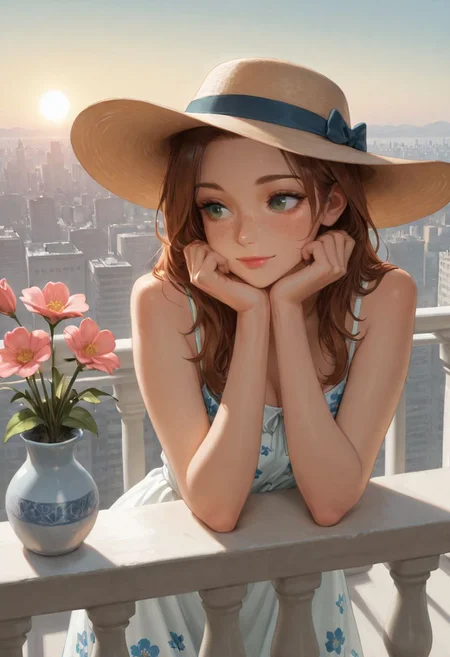 SmoothNoob_Quality, 1girl, solo, brown hair, long hair, green eyes, detailed eyes, freckles, lipstick, light smile, hat, sundress, floral print, sleeveless, tied shoulder straps, balcony, railing, white railing, flowers vase, leaning on railing, head rest on arm, sun, summer, cityscape, scenery <lora:SmoothStyle_Lambda:1>