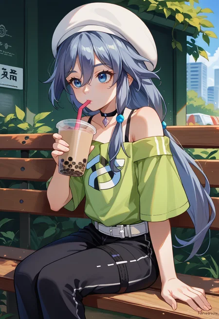 score_9, score_8_up, source_anime, HuaSpring, blue eyes, grey hair, long hair, low ponytail, white beret, black choker, off-shoulder shirt, green shirt, short sleeves, belt, black pants, outdoors, sitting, on bench, drinking, sipping, straw, bubble tea, <lora:ChamFuHuaPonyXL:1>
