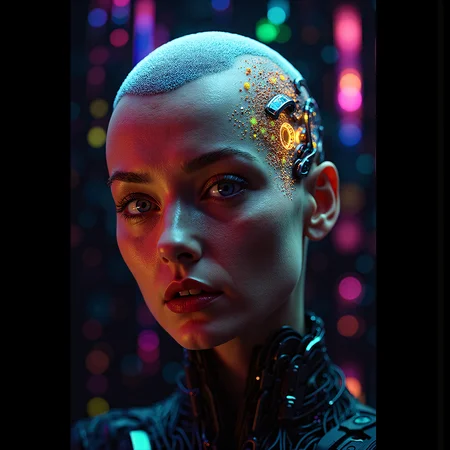 Create a futuristic, high-contrast image of a bald, bioengineered woman with a neural network implanted in her brain, gazing directly at the viewer with a confident and slightly surprised expression. Her skin is smooth and natural, but her eyes seem to hold a hint of macabre intensity. The background is a dark, nebula-like expanse, with tendrils of color swirling around her like a cyberpunk aurora. The overall effect should be one of dramatic, high-contrast realism, with a focus on fine texture and extreme detail. The image should feel like a still from a sci-fi movie, with a sense of futuristic unease and tension. <lora:flux/skin texture style v5.safetensors:1.0>, skin texture style, realism, detailed, <lora:flux/Realism 2.safetensors:0.8>, realism, realistic, <lora:art and styles/MysticFantasy.safetensors:0.8>,
