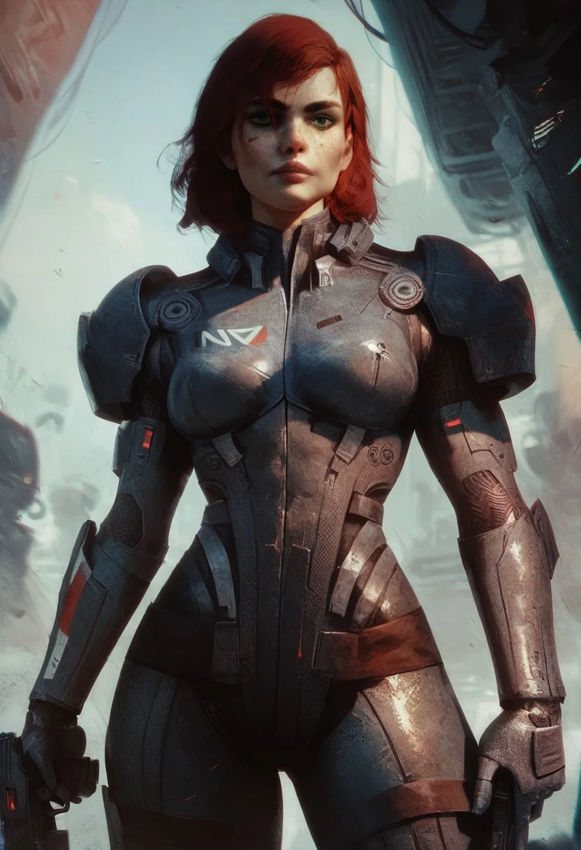 score_9, score_8_up, score_7_up, score_6_up,
1girl, HD, solo, femshepxl, red hair, green eyes, medium hair, bodysuit, armor, holding a gun,
front view, waist up,
futuristic city background