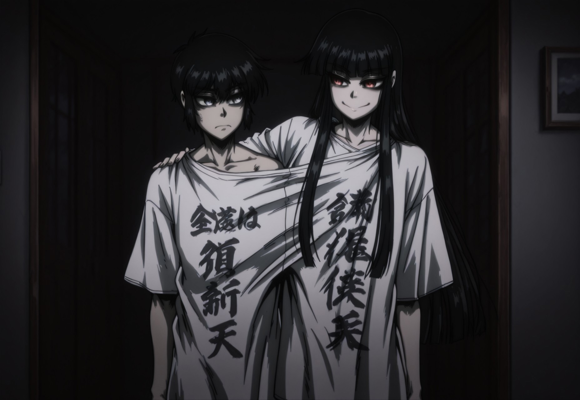 safe_pos, masterpiece, best quality, newest, dark, night, indoors, (((1boy,1girl, 1boy and 1girl, couple:1.6, friends,))) <lora:Girlycard:1>  Girlycard, black hair, long hair, hime cut, blunt bangs, red eyes, small breasts, shared clothes, shared shirt, naked shirt, white shirt, t-shirt, clothes writing, oversized clothes, oversized shirt, looking at another, smug, <lora:Get Along Shirt:1>,
<lora:HYoungWalter:1> YoungWalter, solo, 1boy, male focus, black hair, short hair, blue eyes, shared clothes, shared shirt, naked shirt, white shirt, t-shirt, clothes writing, oversized clothes, oversized shirt, looking to the side, annoyed