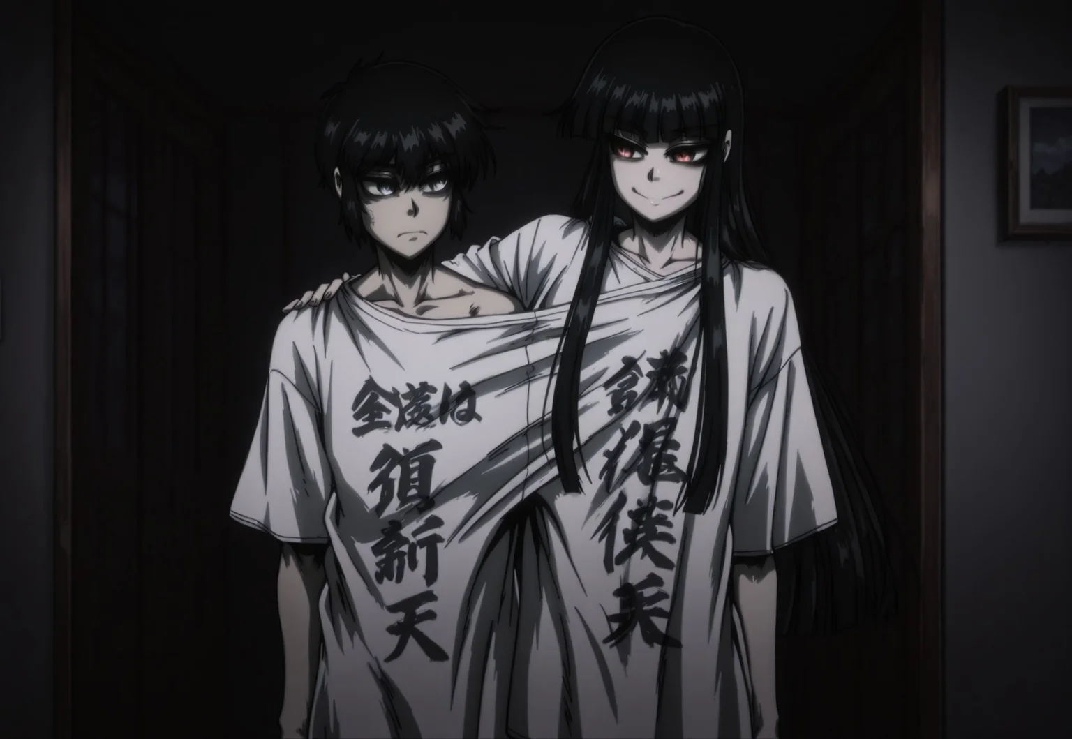 safe_pos, masterpiece, best quality, newest, dark, night, indoors, (((1boy,1girl, 1boy and 1girl, couple:1.6, friends,))) <lora:Girlycard:1> Girlycard, black hair, long hair, hime cut, blunt bangs, red eyes, small breasts, shared clothes, shared shirt, naked shirt, white shirt, t-shirt, clothes writing, oversized clothes, oversized shirt, looking at another, smug, <lora:Get Along Shirt:1>,
<lora:HYoungWalter:1> YoungWalter, solo, 1boy, male focus, black hair, short hair, blue eyes, shared clothes, shared shirt, naked shirt, white shirt, t-shirt, clothes writing, oversized clothes, oversized shirt, looking to the side, annoyed