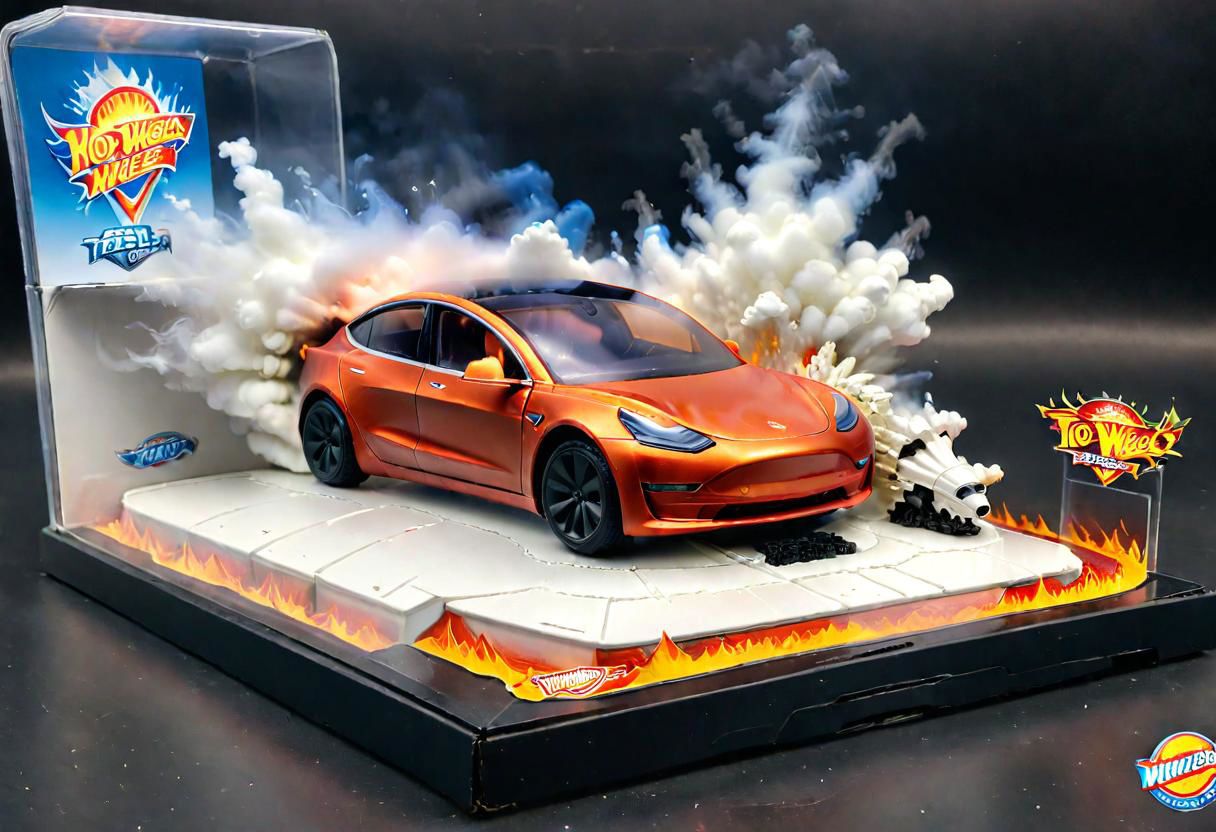 Hot Wheels toy car company have made a toy car version of a Tesla Model 3, The toy telsa model 3 car comes in a mini display unit/box. The car is exploding into fire and flames, white smoke fills the top of the display box, (realistic explosion from car), (realistic Flames bellow from the car windows inside the display unit),  (standing next to the car is a little palstic toy man, he holds both arms in the air,