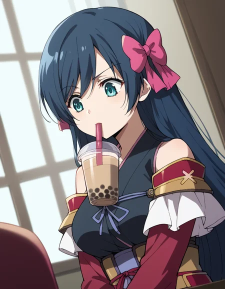 score_9, score_8_up, score_7_up, source_anime, <lora:nagahide-niwa-s1-ponyxl-lora-nochekaiser:1>, nagahide niwa, long hair, blue eyes, black hair, hair bow, aqua eyes, medium breasts, <lora:bubble-tea-challenge-ponyxl-lora-nochekaiser:1>, bubble tea challenge, bubble tea, object on breast, drinking straw, drinking straw in mouth, drinking, cup,, indoors, sitting, looking down, , dutch angle, cowboy shot