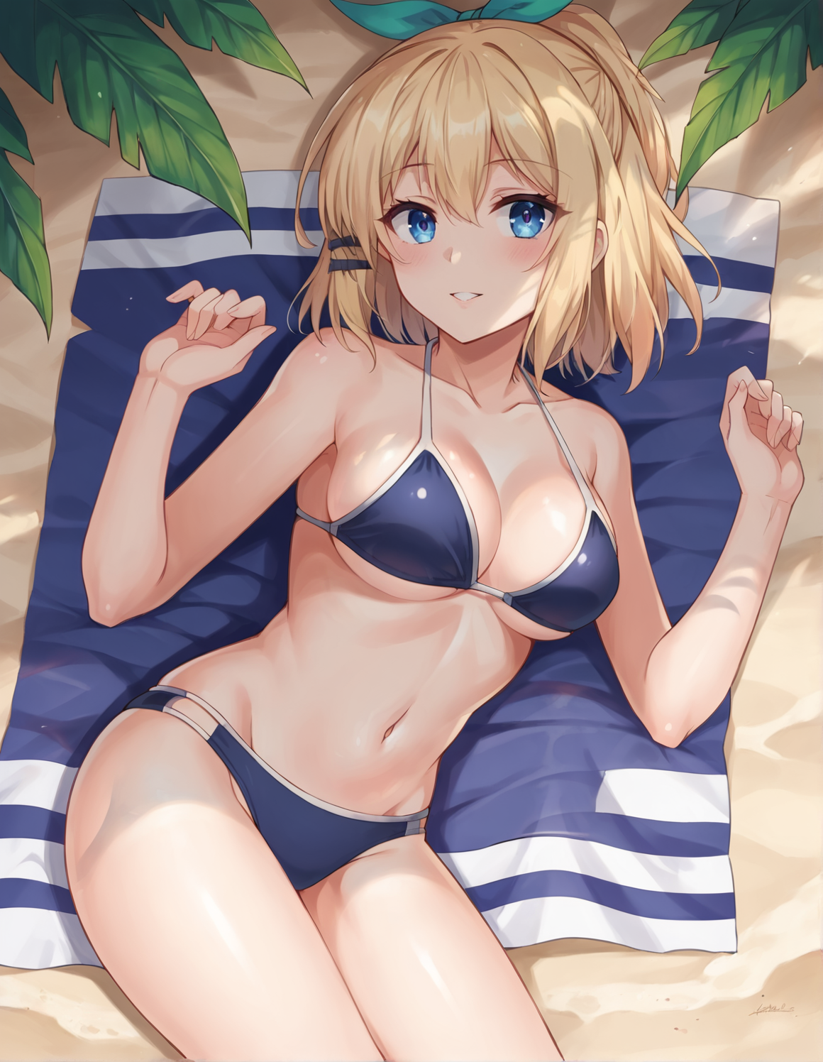 score_9, score_8_up, score_7_up, Rumia Tingel, bikini, masterpiece, best quality, 1girl, vibrant, vivid, high saturation, beautiful, highly detailed, intricate details, perfect face, perfect eyes, detailed eyes, multicolored eyes, crystalline eyes, natural lighting, babe, global illumination, lens flare, outdoors, beach, sparkling water, lying down view from above, posing