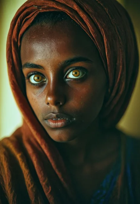 Photography in (stvmccrr style), a young Somali woman with beautiful hazel eyes, cultural portrait, emotive humane photography, rich colors, analog film, film grain, kodachrome, intricate details, insanely detailed, natural lighting, 8k, hdr, masterpiece, award winning photography, Fine art photography style, film photography style, lazy haze style