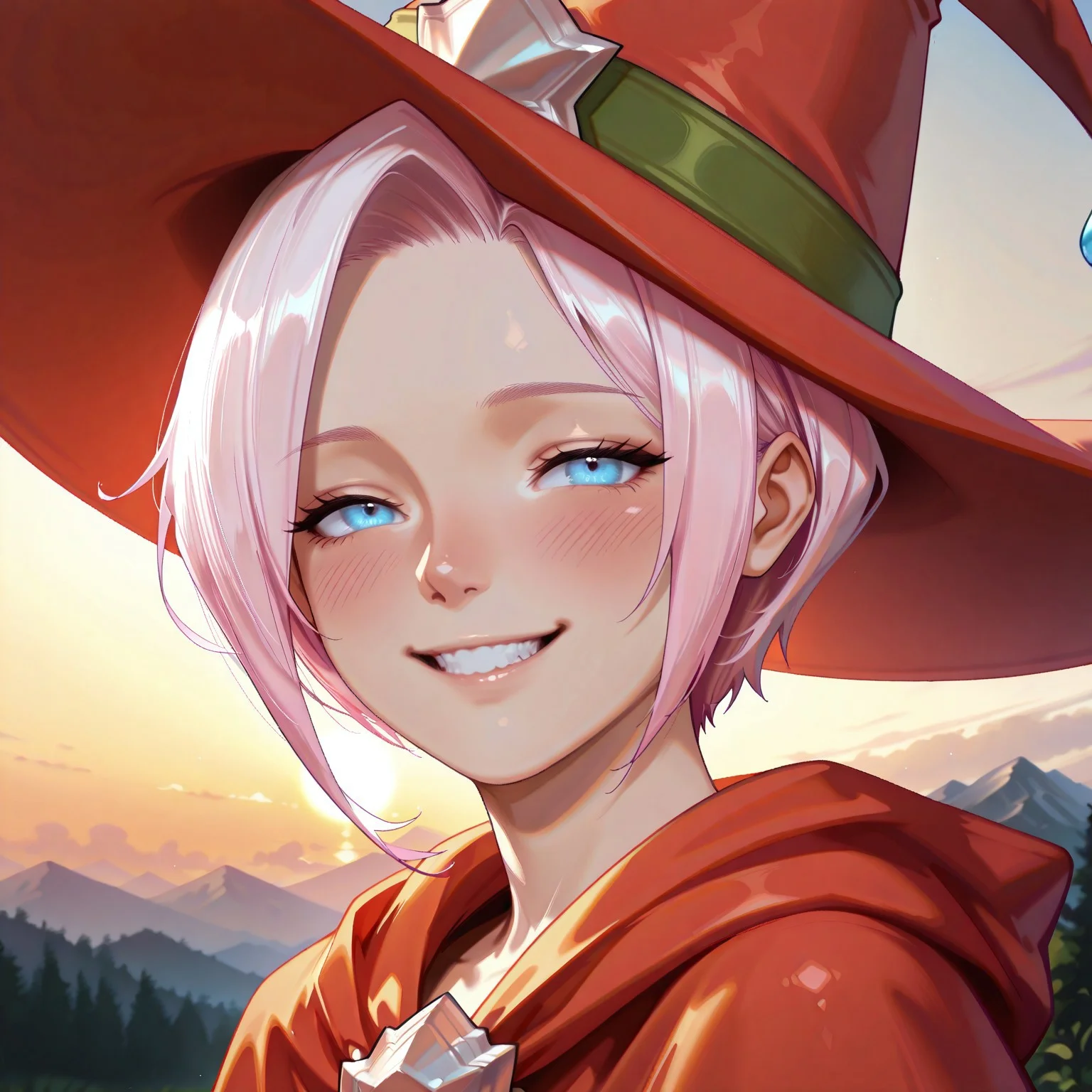 safe_pos, masterpiece, best quality, newest, realistic, solo, 1girl, face focus, Xania, blue eyes, white hair, pink hair, short hair, defaultxania, red hat, witch hat, oversized hat, red cape, face focus, cute, blush, smile, 3/4, teeth, portrait, BREAK Garden, sunset, mountainous horizon
