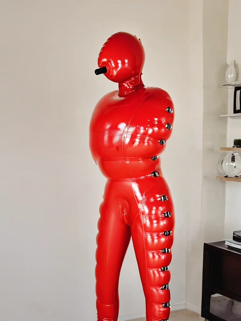 person in shiny red infltltx cover-all catsuit with reinforcements and attached infltltx hood with breathing tube, dynamic pose, interior, living room, apartment, natural light  close up, portrait, 3/4 angle, <lora:infltltx:1>