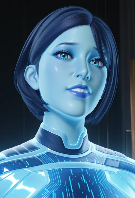 <lora:The_Weapon:1> the_weapon, the_weapon_outfit, Blue_skin, glowing_skin, holographic_body, short_hair, 3d, close up, looking at viewer