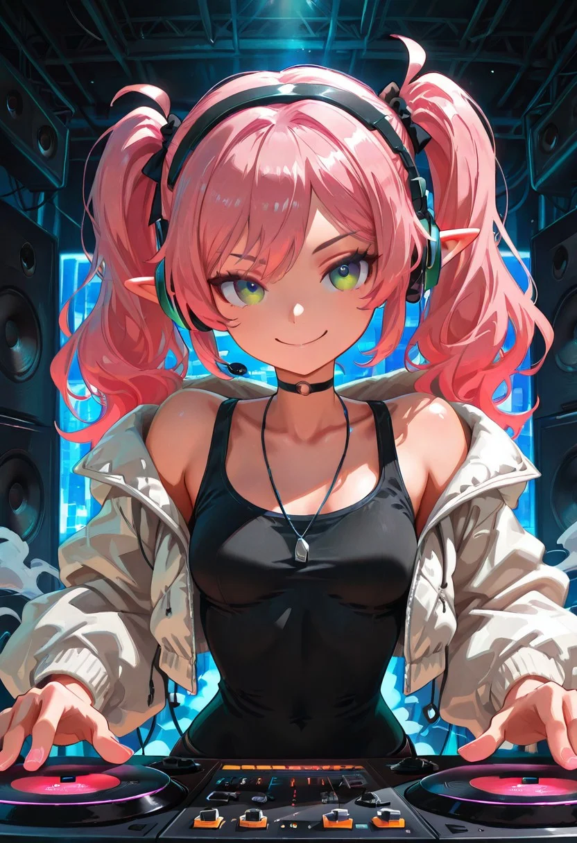 solo, elf girl, skinny, long pink hair, twintails, green eyes, small breasts, black tank top, white puff jacket, headphones, concentrating, smile, turntable, speakers, colorful light show, smoke, sound equipment, dj, rave, indoors, crowd in background, t4kar4i_illu, no_outlines, no lineart, masterpiece, best quality, absurdres,